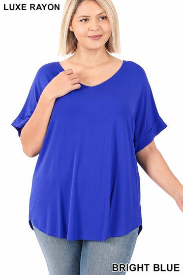 Luxe Rayon Cuff Sleeve V-Neck Top - Blue