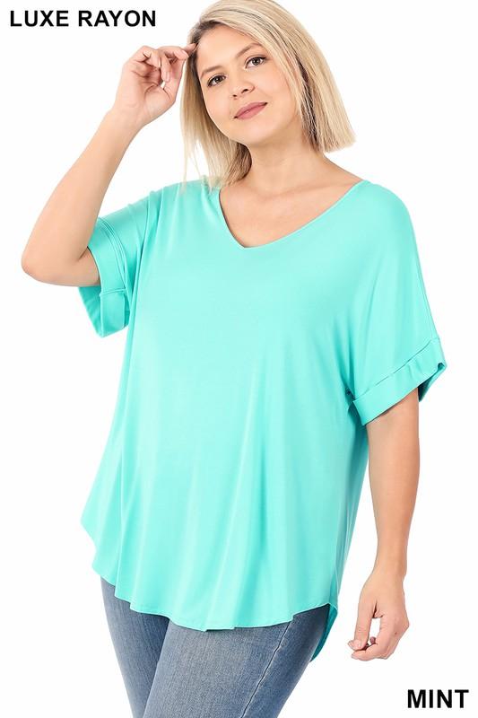 Luxe Rayon Cuff Sleeve V-Neck Top - Mint