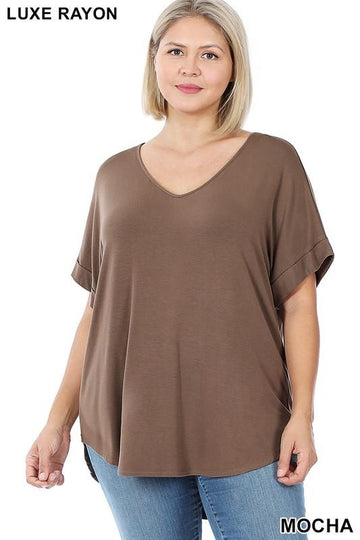 Luxe Rayon Cuff Sleeve V-Neck Top - Mocha
