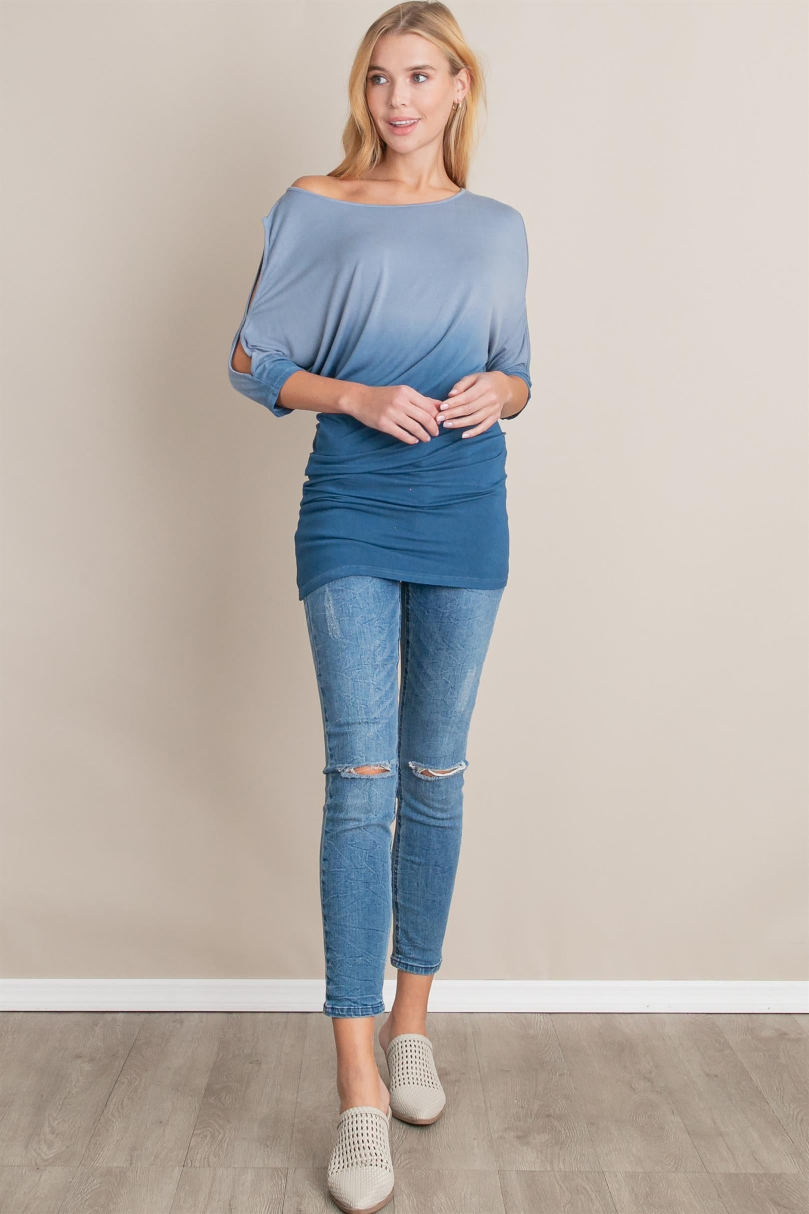 Dip Dye Ombre Asymmetric Cold Shoulder Top