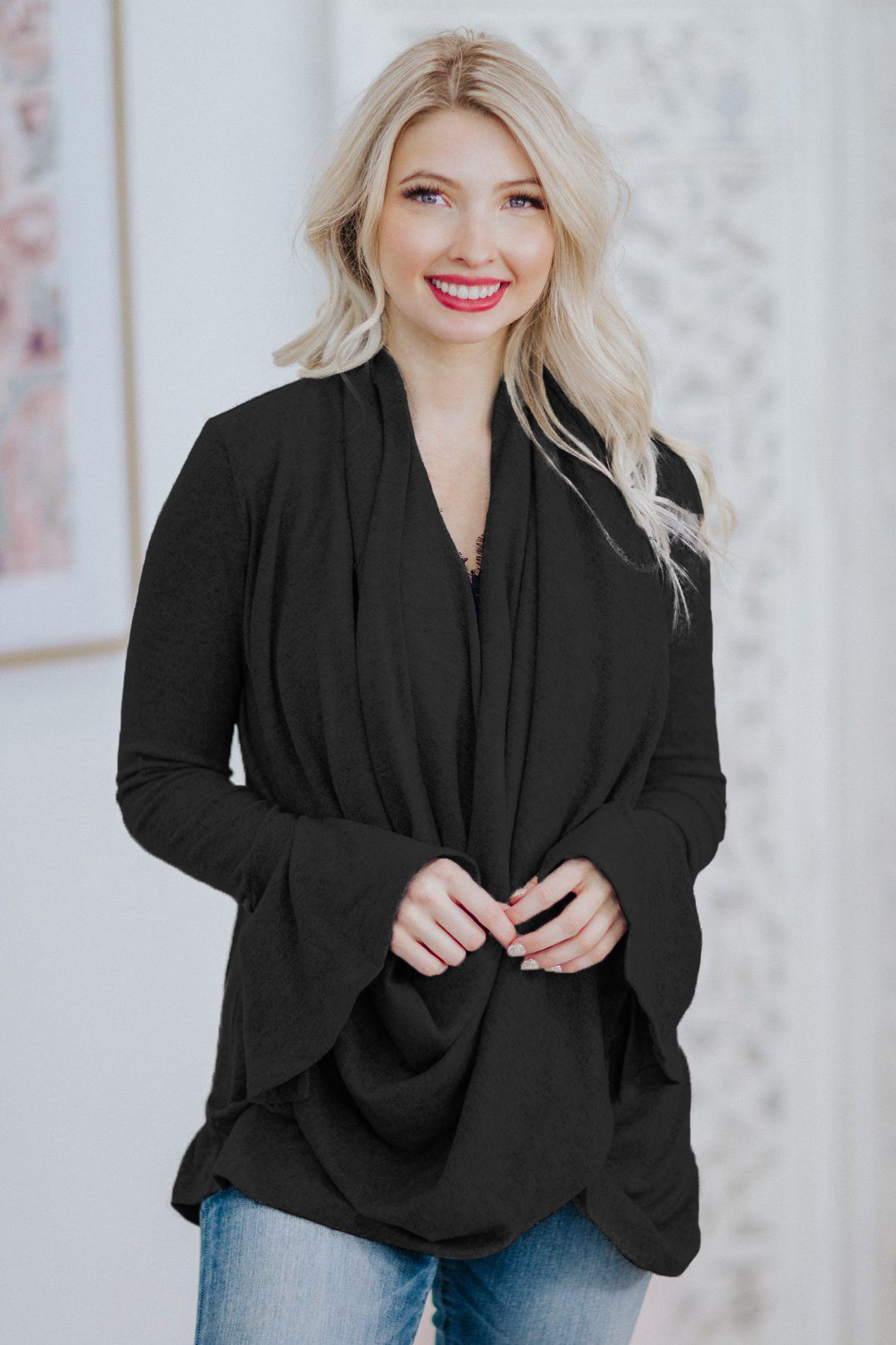 Wrap Neck Flare Sleeve Cardigan
