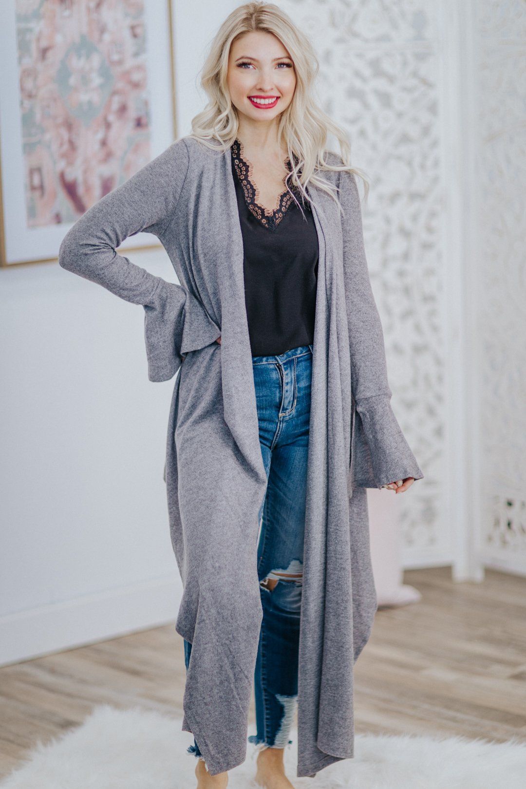 Wrap Neck Flare Sleeve Cardigan