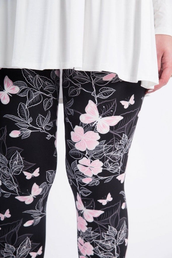 Pink Butterfly Floral Print Soft Leggings - Adult & Kids