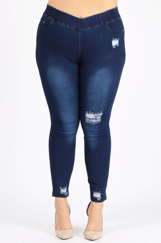 Distressed Dark Denim Skinny Stretch Jeggings