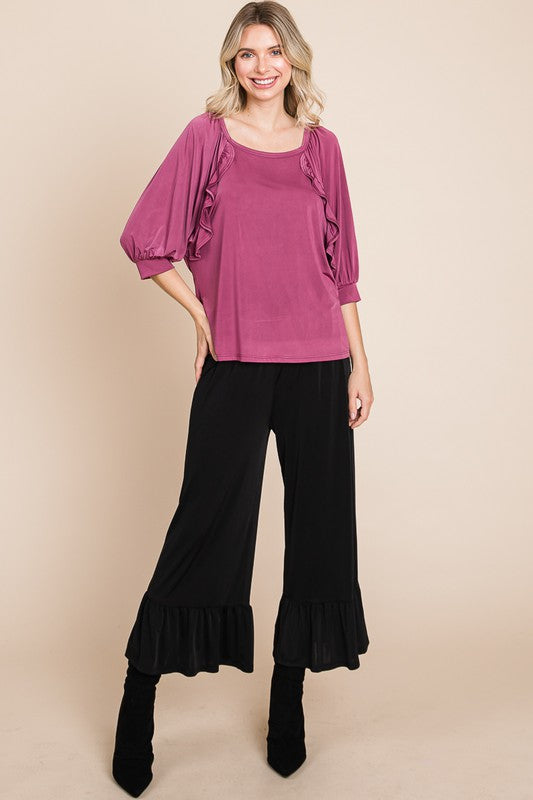 Elegant Mauve Ruffle Detail Top - Half Sleeve Relaxed Fit Blouse