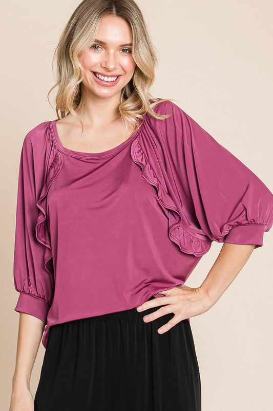 Elegant Mauve Ruffle Detail Top - Half Sleeve Relaxed Fit Blouse