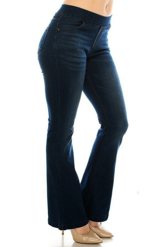 Comfy Dark Denim Jean Flare Pull On Jeggings