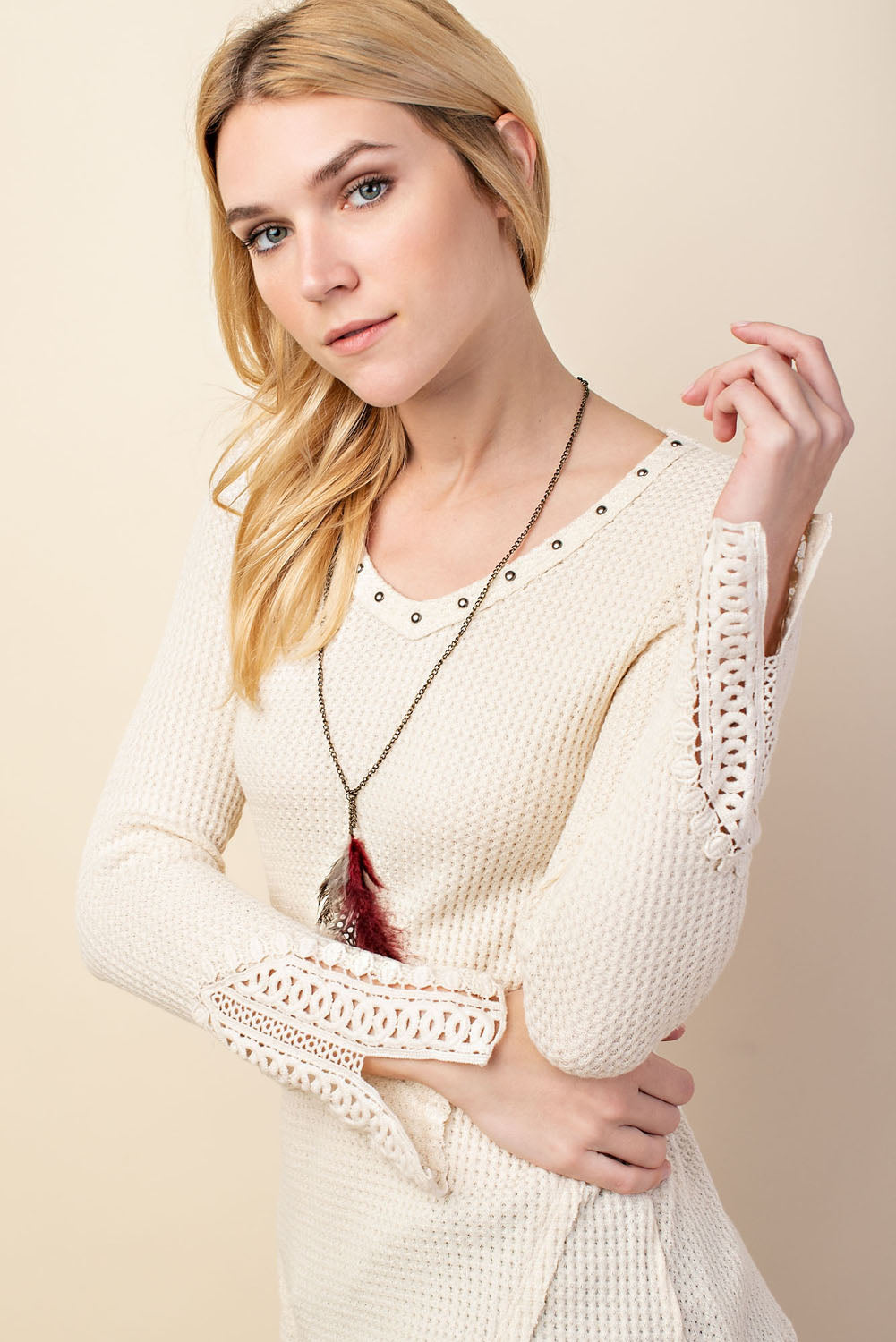 Vocal Crochet Brushed Waffle Studded Top