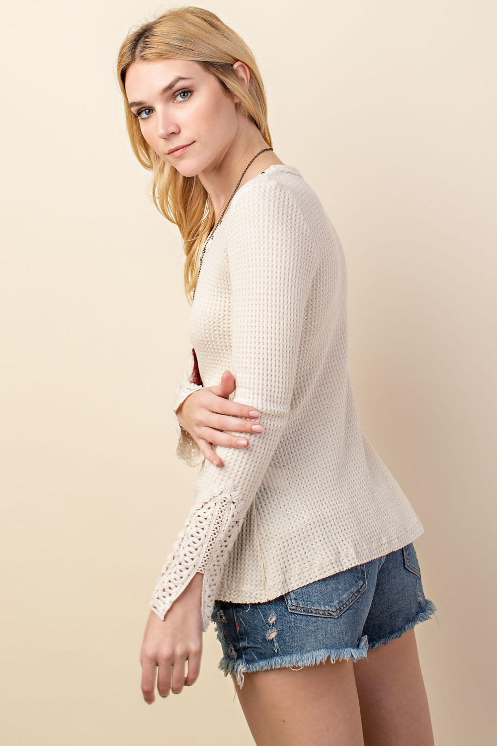 Vocal Crochet Brushed Waffle Studded Top