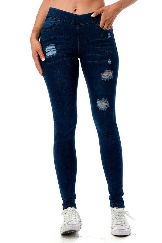 Distressed Dark Denim Skinny Stretch Jeggings