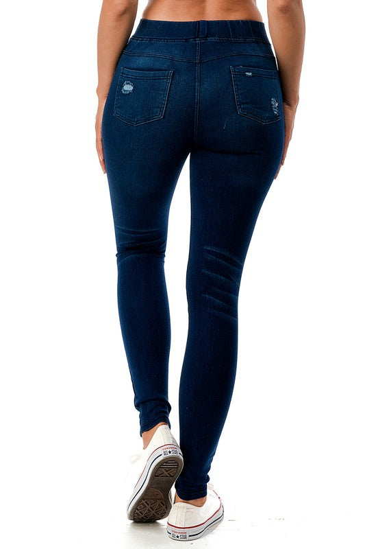 Distressed Dark Denim Skinny Stretch Jeggings