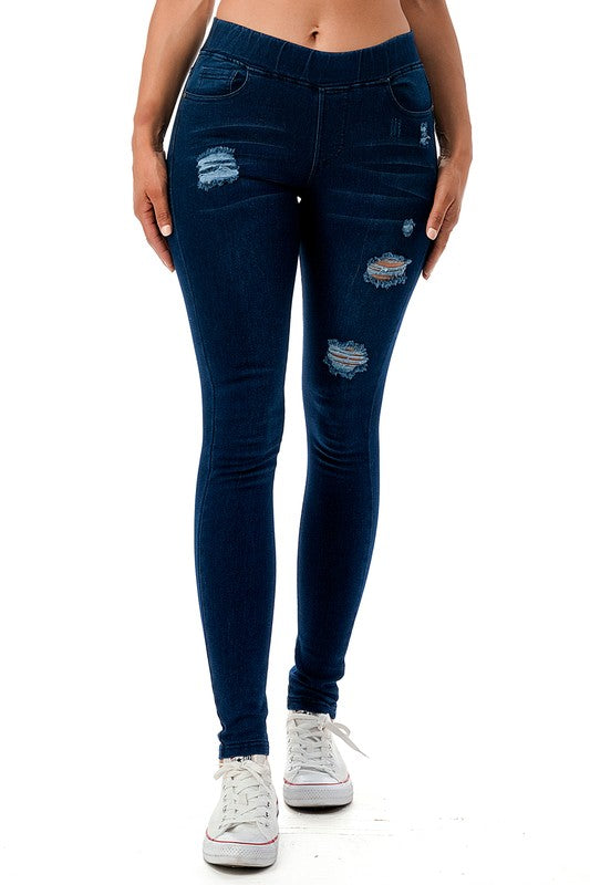 Distressed Dark Denim Skinny Stretch Jeggings