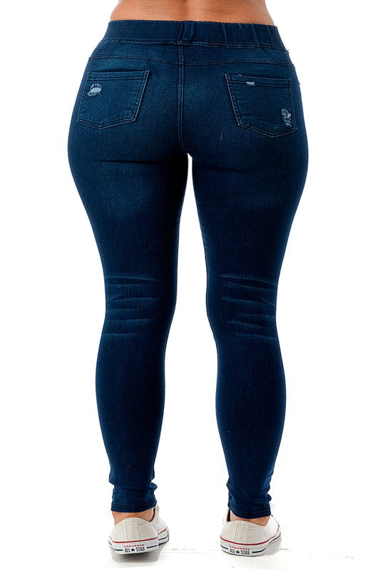 Distressed Dark Denim Skinny Stretch Jeggings