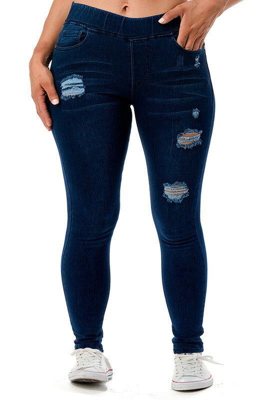 Distressed Dark Denim Skinny Stretch Jeggings