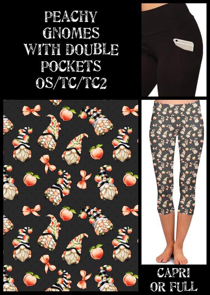 Gnomes And Peaches Print Black Leggings w/ Double Pockets