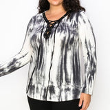 Extra Soft Lace-Up Long Sleeve Tie-Dye V-Neck Top