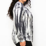 Extra Soft Lace-Up Long Sleeve Tie-Dye V-Neck Top