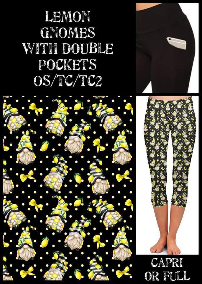 Yellow Lemon Gnomes Print Polkadot Black Leggings w/ Double Pockets