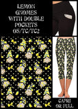 Yellow Lemon Gnomes Print Polkadot Black Leggings w/ Double Pockets