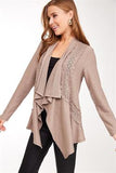 Draped Neck Lace Insert Knit Cardigan - Mocha