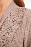 Draped Neck Lace Insert Knit Cardigan - Mocha