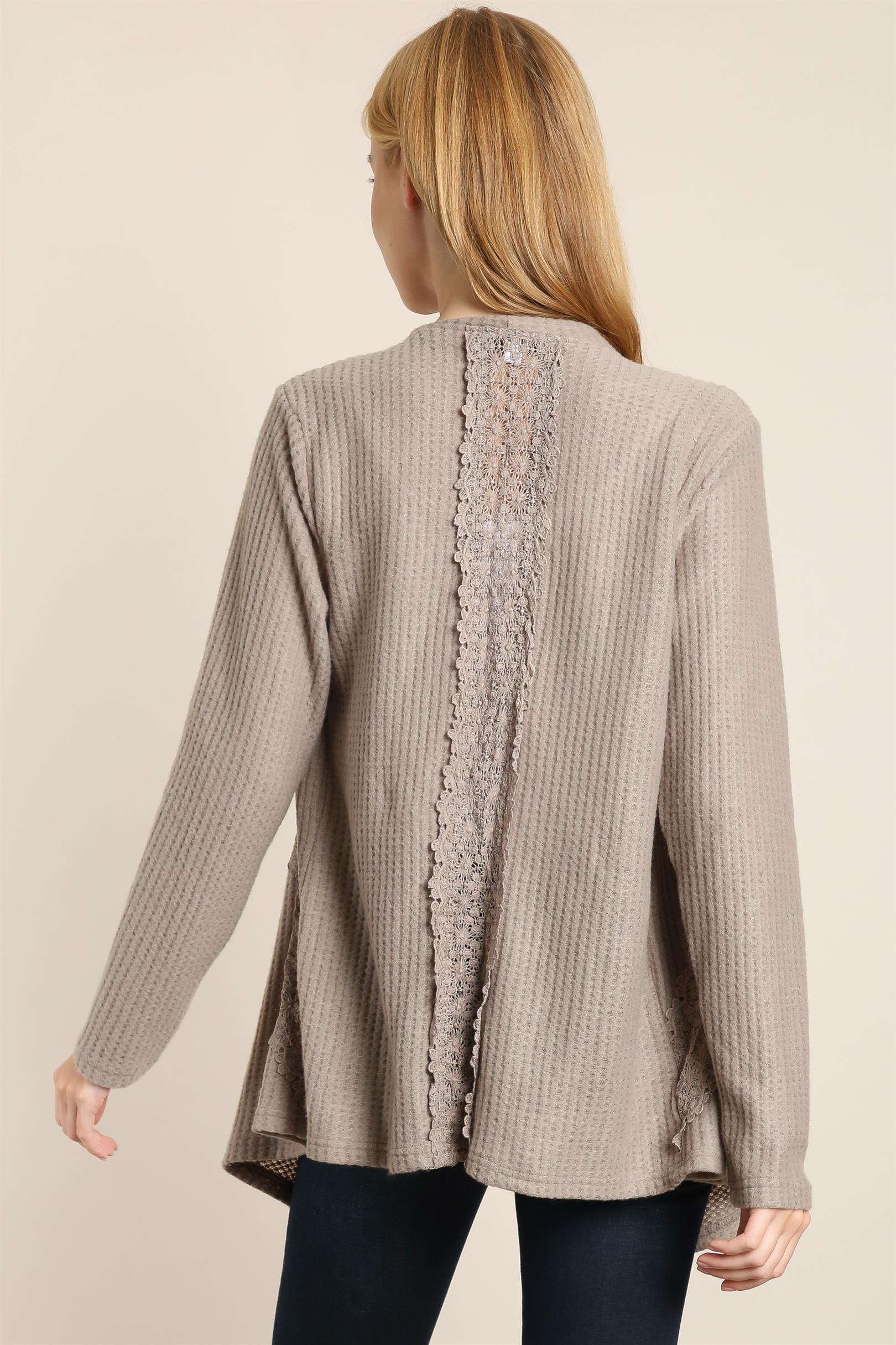 Draped Neck Lace Insert Knit Cardigan - Mocha