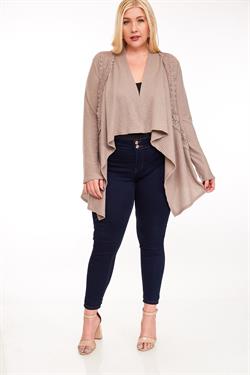 Draped Neck Lace Insert Knit Cardigan - Mocha