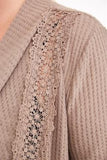 Draped Neck Lace Insert Knit Cardigan - Mocha