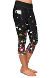 Falling Twinkle Star Print Capri Leggings w/ Pockets - Red White & Blue