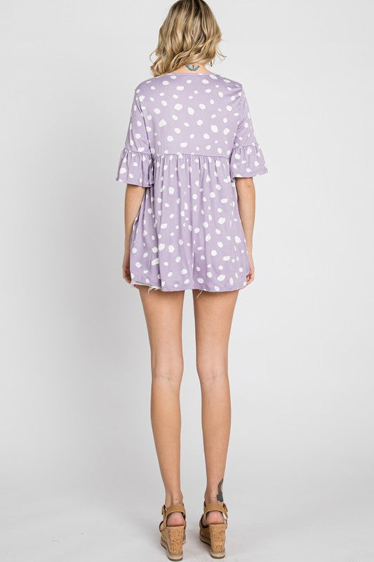 Lilac Dot Empire Waist Top - V-Neck Ruffle Sleeve Babydoll Shirt for Casual Wear