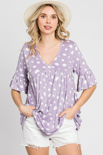 Lilac Dot Empire Waist Top - V-Neck Ruffle Sleeve Babydoll Shirt for Casual Wear