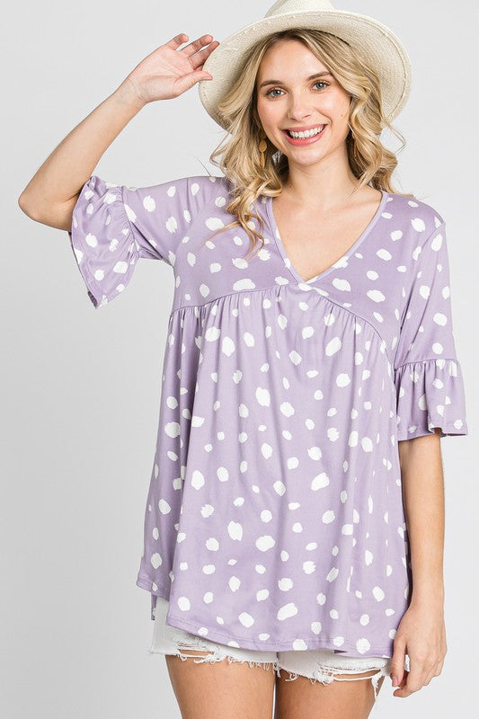 Lilac Dot Empire Waist Top - V-Neck Ruffle Sleeve Babydoll Shirt for Casual Wear