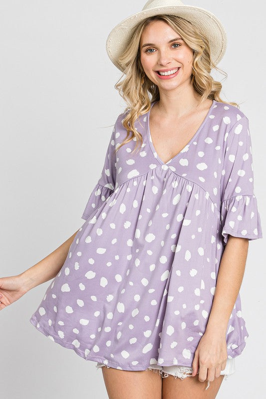 Lilac Dot Empire Waist Top - V-Neck Ruffle Sleeve Babydoll Shirt for Casual Wear