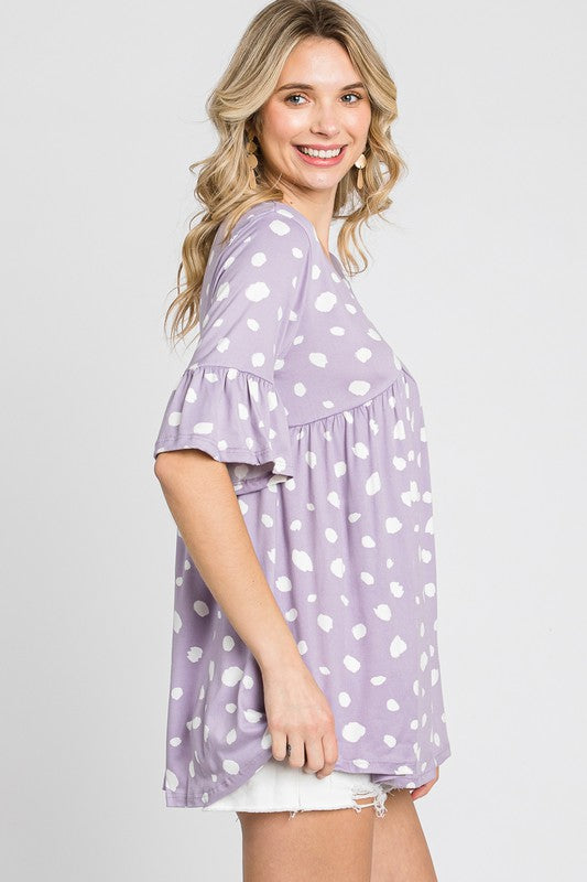 Lilac Dot Empire Waist Top - V-Neck Ruffle Sleeve Babydoll Shirt for Casual Wear