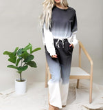 Cotton Ombre Dip Dye French Terry Long Sleeve Top Wide Leg Lounge Pants w/ Pockets Tracksuit SET - Black