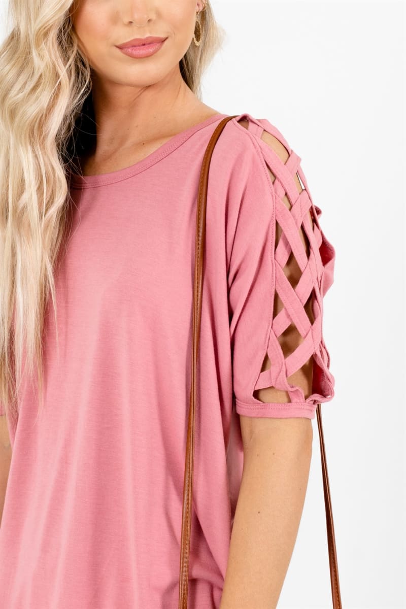 Crisscross Lattice Shoulder Half Sleeve Side Split Hi - Low Hem Oversized Top