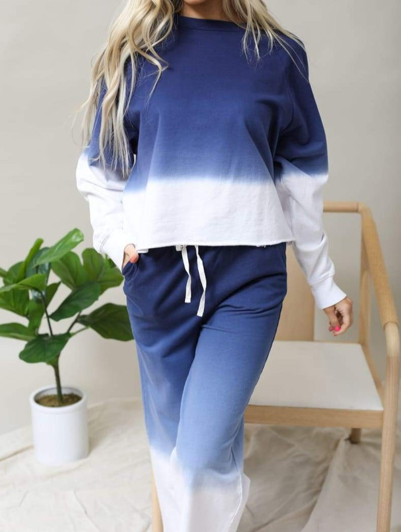 Cotton Ombre Dip Dye French Terry Long Sleeve Top Wide Leg Lounge Pants w/ Pockets Tracksuit SET - Navy