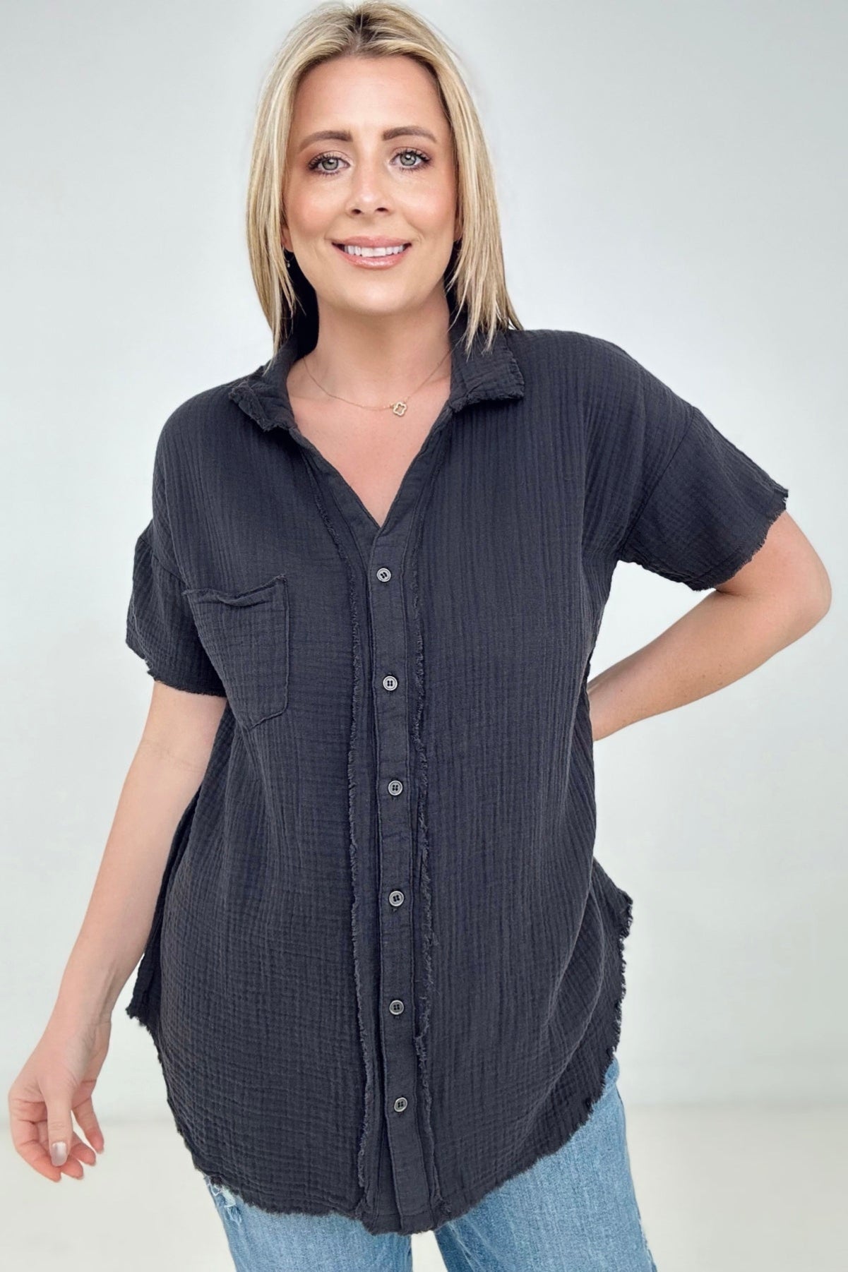 Raw Edge Button Down Cotton Shirt