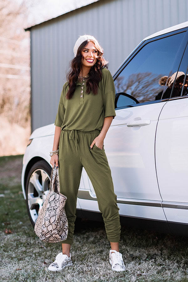 Olive Half Sleeve Button Down Jogger Jumpsuit w/ Pockets