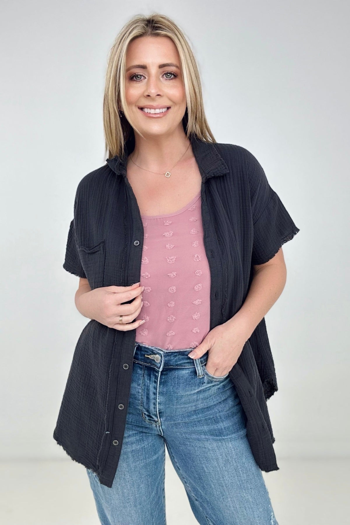 Raw Edge Button Down Cotton Shirt