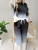 Cotton Ombre Dip Dye French Terry Long Sleeve Top Wide Leg Lounge Pants w/ Pockets Tracksuit SET - Black