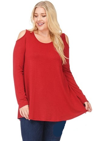 Long Sleeve Cold Shoulder Top - Burgundy