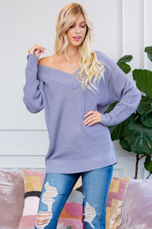 Enchanted Love Waffle V-Neck Sweater - Lilac
