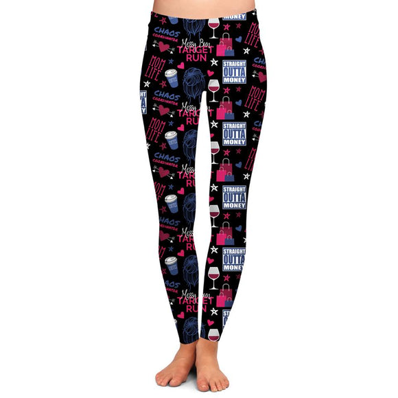 Straight Outta Money Mom Life Funny Print Soft Stretchy Black Leggings