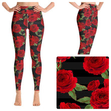 Vivid Red Roses Black Stripe Soft Leggings