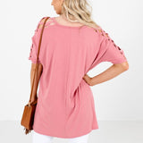 Crisscross Lattice Shoulder Half Sleeve Side Split Hi - Low Hem Oversized Top