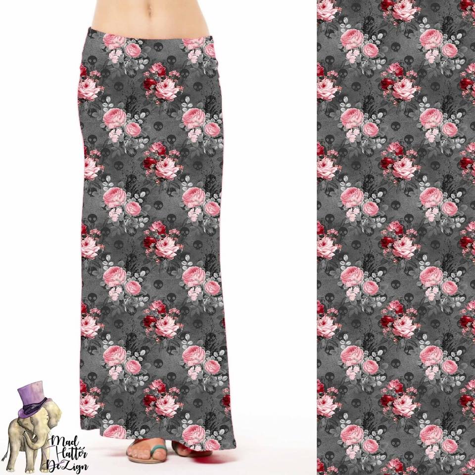 Deadly Bouquet - Skull and Pink Roses Floral Print Maxi Skirt / Strapless Dress