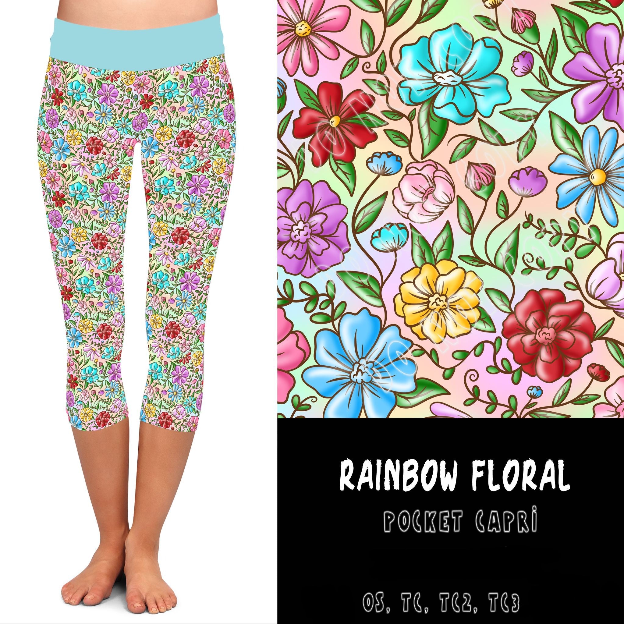Rainbow Floral Print Capri Soft Leggings w/ Pockets