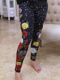 Falling Roses Print Soft Stretchy Black Leggings