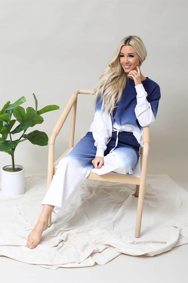 Cotton Ombre Dip Dye French Terry Long Sleeve Top Wide Leg Lounge Pants w/ Pockets Tracksuit SET - Navy